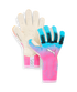 A pair of Puma goalkeeper gloves. One shows the speckled beige palm; the other shows a pink-to-blue gradient backhand with a white Puma logo and black textured finger grips.