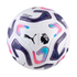 A white Puma Premier League match soccer ball featuring vibrant purple, pink, and blue geometric patterns along with the Puma and Premier League lion logos.