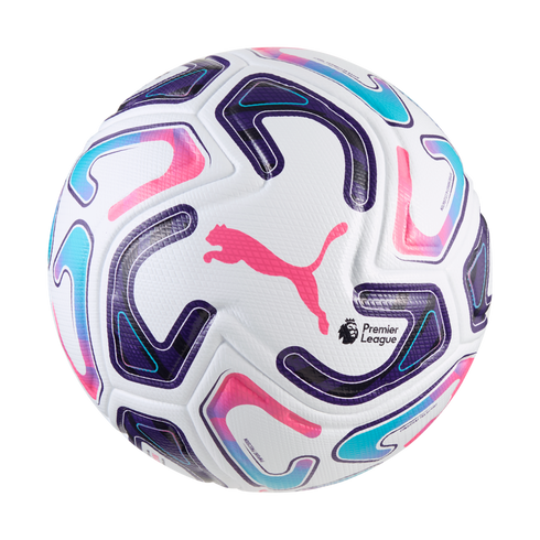 White Puma soccer ball featuring the Premier League logo. It has vibrant purple, pink, and blue graphic patterns and a central pink Puma cat logo.