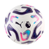 White Puma soccer ball with Premier League logo, featuring wavy purple, pink, and teal graphics.
