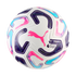 White Puma Premier League soccer ball featuring vibrant pink, blue, and purple abstract graphics and a large pink Puma logo in the center.