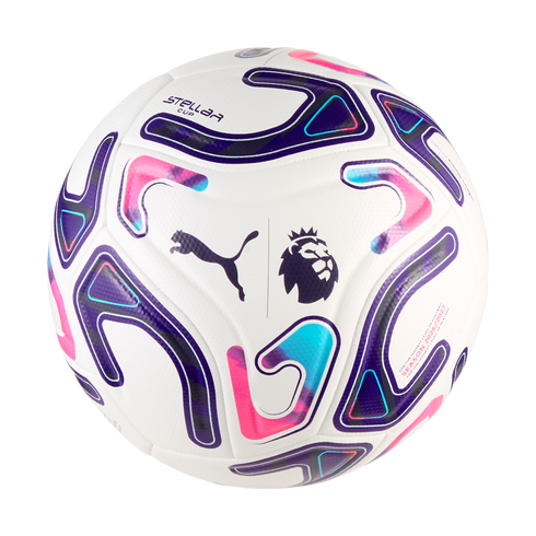 White Puma soccer ball featuring vibrant purple, pink, and blue abstract patterns, alongside the Premier League and Puma logos.