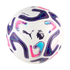 White Puma soccer ball featuring vibrant purple, pink, and blue abstract patterns, alongside the Premier League and Puma logos.