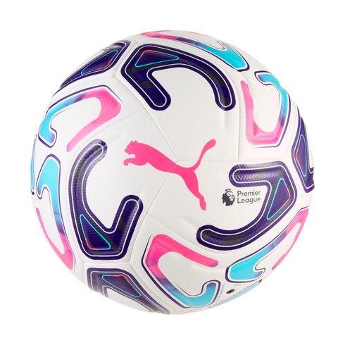 A white Puma soccer ball featuring the Premier League logo and abstract graphic patterns in shades of purple, pink, and light blue.