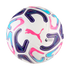A white Puma soccer ball featuring the Premier League logo and abstract graphic patterns in shades of purple, pink, and light blue.