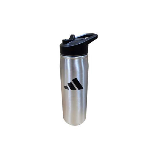 Silver metal Adidas water bottle with a black flip-top lid and black logo.