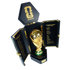 Golden FIFA World Cup trophy in an open black case featuring the 2026 North American logo, host cities, and past champions list.