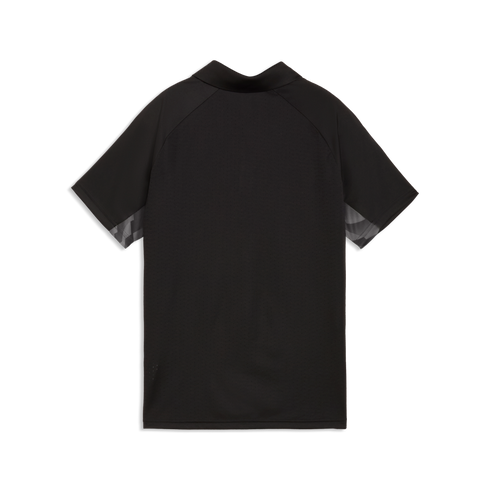 Back view of a black short-sleeved athletic polo shirt featuring raglan sleeves with a grey geometric pattern and breathable perforated fabric.
