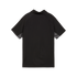 Back view of a black short-sleeved athletic polo shirt featuring raglan sleeves with a grey geometric pattern and breathable perforated fabric.