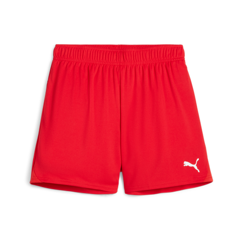 A pair of bright red Puma athletic shorts featuring an elastic waistband and a white Puma logo on the front right leg.
