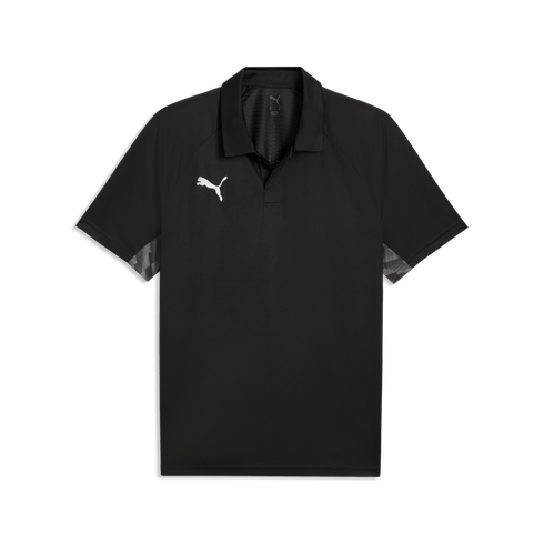 Black short-sleeved Puma polo shirt featuring a white logo on the chest and grey geometric patterns on the sleeve cuffs, set against a solid black background.