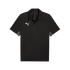 Black short-sleeved Puma polo shirt featuring a white logo on the chest and grey geometric patterns on the sleeve cuffs, set against a solid black background.