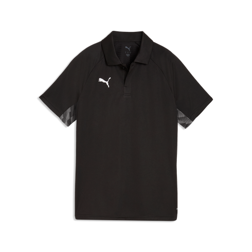Black short-sleeved Puma polo shirt with a white logo on the chest and a grey geometric pattern on the sleeve cuffs.
