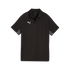 Black short-sleeved Puma polo shirt with a white logo on the chest and a grey geometric pattern on the sleeve cuffs.