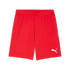 A pair of bright red Puma athletic shorts with an elastic waistband and a white Puma cat logo on the bottom right leg.