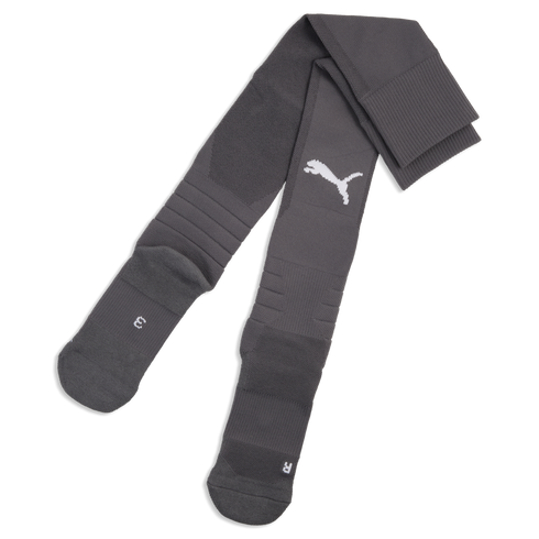 A pair of long, grey Puma athletic socks featuring a white logo and "L" and "R" markings, displayed against a black background.