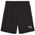 Black Puma athletic shorts with an elastic waistband and a white Puma logo on the lower left leg.