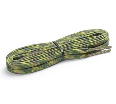 A pair of camouflage-patterned shoelaces in green, yellow, and brown, neatly coiled and secured with a black band on a plain white background.