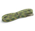 A pair of camouflage-patterned shoelaces in green, yellow, and brown, neatly coiled and secured with a black band on a plain white background.