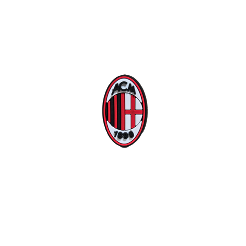 An oval-shaped Soccer Croc Charm featuring the AC Milan crest with red and black stripes, a red cross, and "ACM 1899" text on a black background.