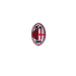 An oval-shaped Soccer Croc Charm featuring the AC Milan crest with red and black stripes, a red cross, and "ACM 1899" text on a black background.
