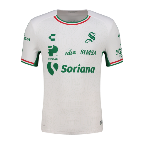 White Charly soccer jersey with green sponsor logos, a Mexican flag-colored collar and sleeve trim, and subtle tonal patterns throughout.
