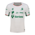 White Charly soccer jersey with green sponsor logos, a Mexican flag-colored collar and sleeve trim, and subtle tonal patterns throughout.