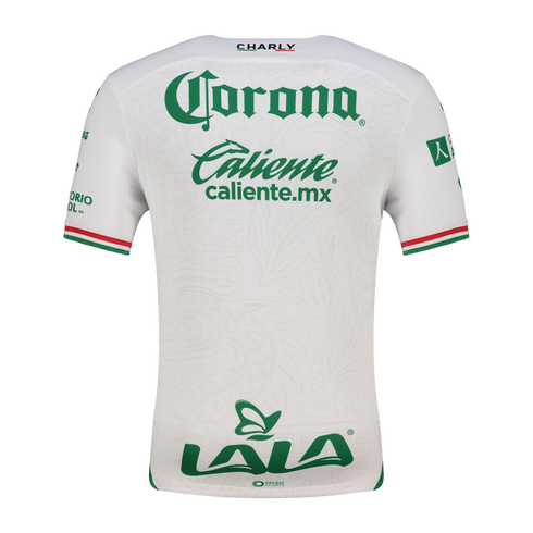 The back of a white soccer jersey with green Corona, Caliente, and LALA logos. Features Mexican flag trim on sleeves and "CHARLY" brand at the top back.