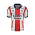 Atlético San Luis home jersey featuring red and white vertical stripes, a navy blue polo collar, and multiple sponsor logos, including Canel’s and Daikin, on the front.