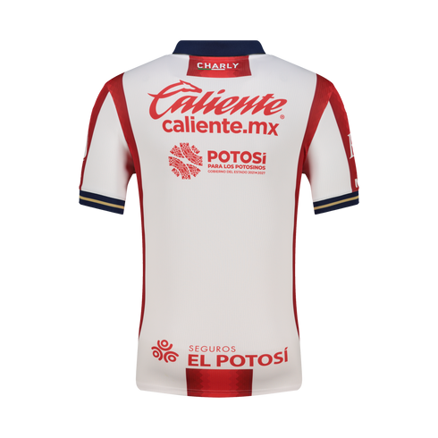 The back of a white soccer jersey with red side panels and navy trim. It features several red sponsor logos, including Caliente, Potosí, and Seguros El Potosí.