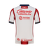 The back of a white soccer jersey with red side panels and navy trim. It features several red sponsor logos, including Caliente, Potosí, and Seguros El Potosí.