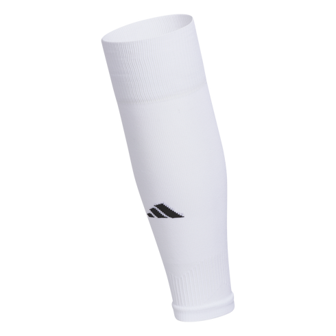 A white Adidas lower leg sleeve featuring a black logo on the front, shown as if worn on a mannequin leg.