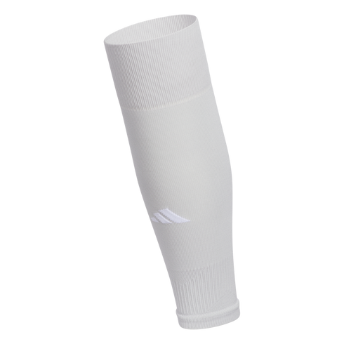 A white Adidas athletic calf sleeve featuring a ribbed knit design and a white logo near the bottom.