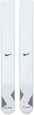 A pair of white Nike knee-high socks with black swooshes and textured stripe patterns on the feet. Labeled "RIGHT | LG" and "LEFT | LG" at the bottom.