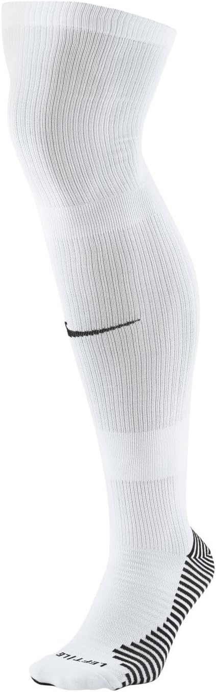 A white Nike knee-high soccer sock with a black swoosh logo, ribbed texture, and black stripes on the heel. The word "LEFT" is printed on the toe.