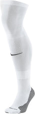A white Nike knee-high soccer sock with a black swoosh logo, ribbed texture, and black stripes on the heel. The word "LEFT" is printed on the toe.