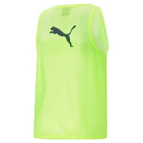 Back view of a neon yellow mesh Puma training bib featuring a large black leaping cat logo.
