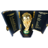 A gold FIFA World Cup trophy replica in a black case. The side panels list past champions and the host cities for the 2026 World Cup.