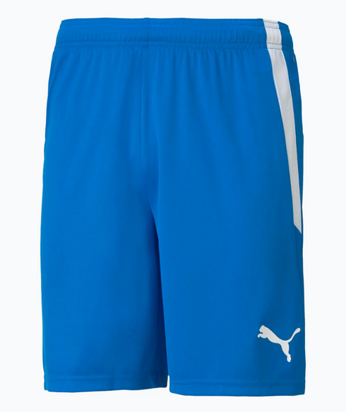 Bright blue Puma athletic shorts featuring a white mesh panel along the left side and a white Puma logo on the bottom of the right leg.
