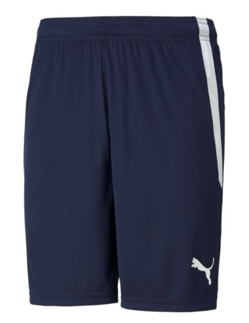 Navy blue Puma athletic shorts with an elastic waistband, a white vertical stripe down the side, and a white cat logo on the lower right leg.