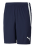 Navy blue Puma athletic shorts with an elastic waistband, a white vertical stripe down the side, and a white cat logo on the lower right leg.