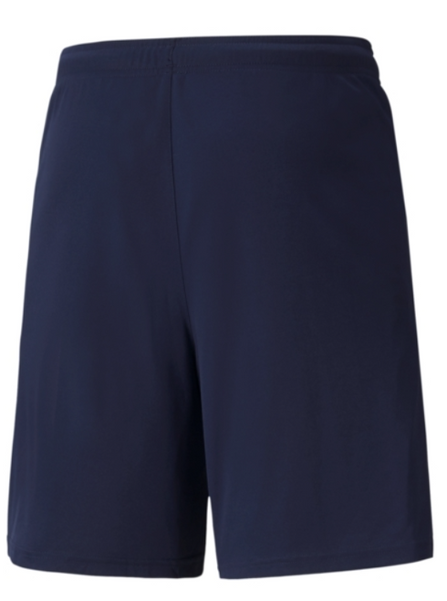 A pair of plain navy blue athletic shorts with an elastic waistband.