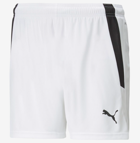 White Puma athletic shorts featuring black side panels and a black Puma logo on the lower right leg.