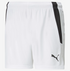 White Puma athletic shorts featuring black side panels and a black Puma logo on the lower right leg.