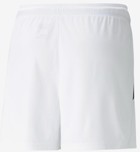 Rear view of white athletic shorts with an elastic waistband and a center seam.