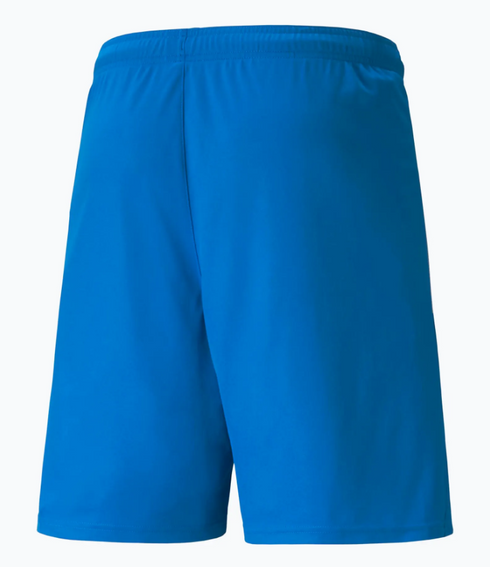 Rear view of solid bright blue athletic shorts with an elastic waistband.
