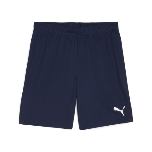 A pair of navy blue Puma Team Goal Shorts featuring an elastic waistband and a white Puma cat logo on the lower right leg.