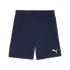 A pair of navy blue Puma Team Goal Shorts featuring an elastic waistband and a white Puma cat logo on the lower right leg.