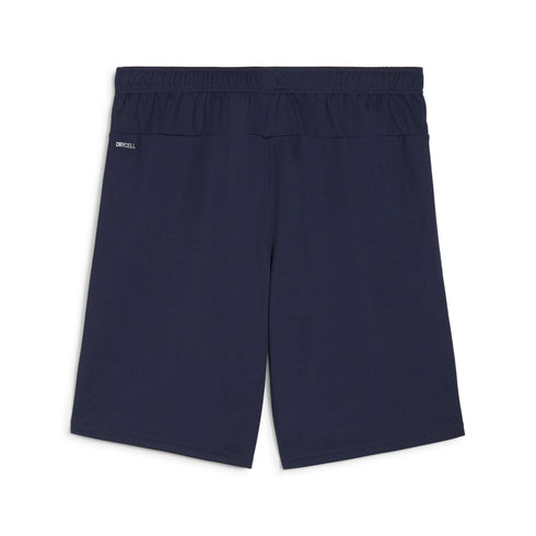 Rear view of Puma Team Goal Shorts - Navy featuring dark blue fabric with an elastic waistband and a small white "DRYCELL" logo on the left hip.