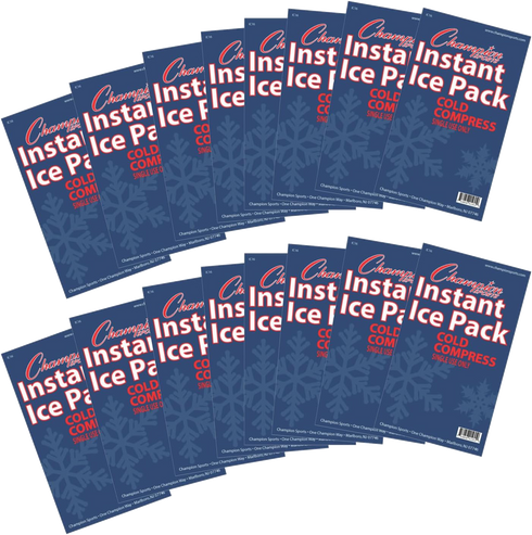 Two fan-shaped arrangements of blue Champion Sports Instant Ice Packs are displayed against a solid black background. The packets feature a large white snowflake graphic and red and white lettering.
